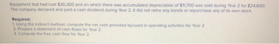Equipment that had cost $30,300 and on which there was accumulated depreciation of $11,700 was sold during Year 2 for $24,600
