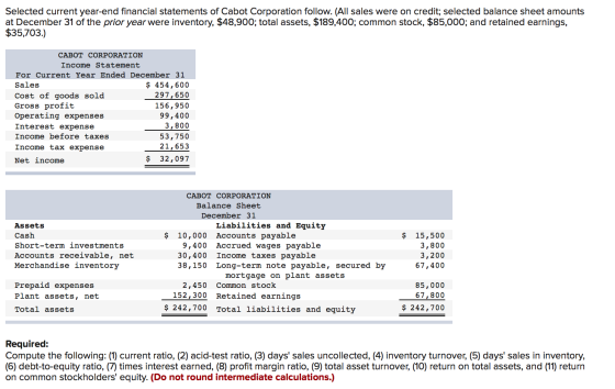 Selected current year-end financial statements of Cabot Corporation follow. (All sales were on credit; selected balance sheet