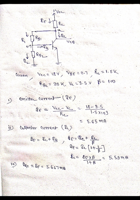 7 Vac IELT Rc 1 Rg, lac NO 1 RB2 Criven Ncc = 18V Nge =0.7 he=1.5k R. B2 = 33K, Ve=9.5 V B - 100 emitter current (DE) RE 8-9.