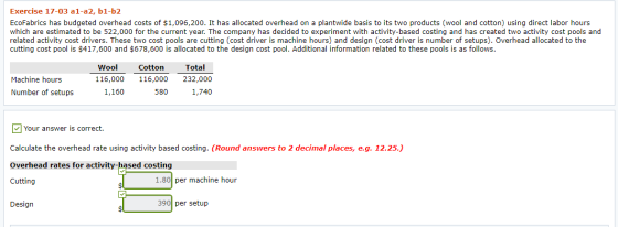 Exercise 17-03 al-a2, b1-b2 EcoFabrics has budgeted overhead costs of $1,096,200. It has allocated overhead on a plantwide ba