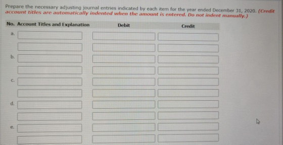 Prepare the necessary adjusting journal entries indicated by each item for the year ended December 31, 2020. (Credit account