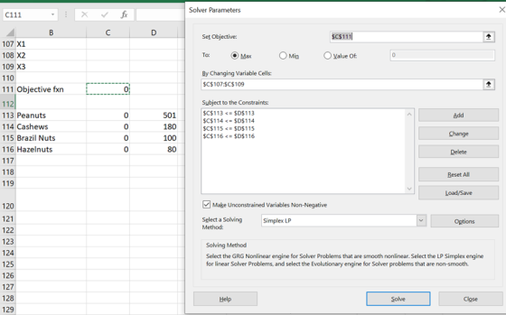х C111 Solver Parameters Set Objective: $C$111 То: o Max O Min value of. 107 X1 108 X2 109 X3 110 111 Objective fxn By Changi