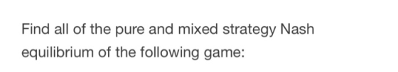 Find all of the pure and mixed strategy Nash equilibrium of the following game: