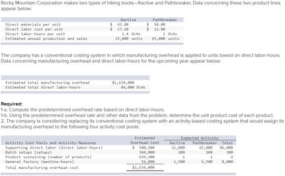 Rocky Mountain Corporation makes two types of hiking boots-Xactive and Pathbreaker. Data concerning these two product lines a
