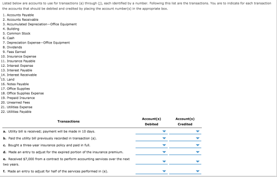 Listed below are accounts to use for transactions (a) through (1), each identified by a number. Following this list are the t