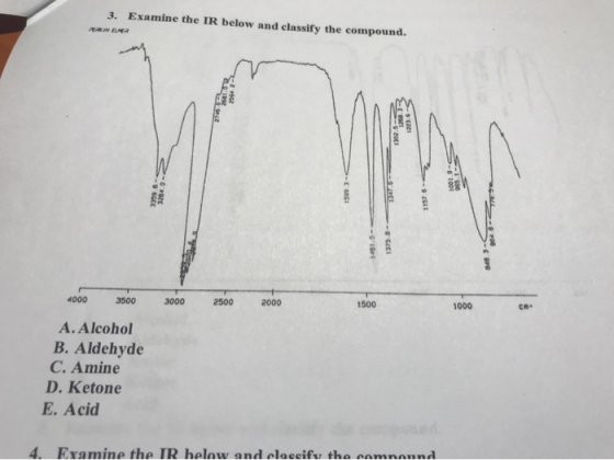 3. Examine the IR below and classify the compound. IN EUER 4000 3500 3000 2500 2000 1500 1000 ca A.Alcohol B. Aldehyde C.Amin