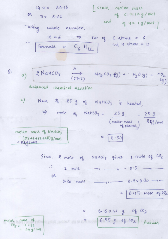 since, molar mass et C12 9/nol and 14 84.15 co f 6.61 Taking uhole number, 2 6 C atems and, H atons = 12 no C6 H12 Formula 8.