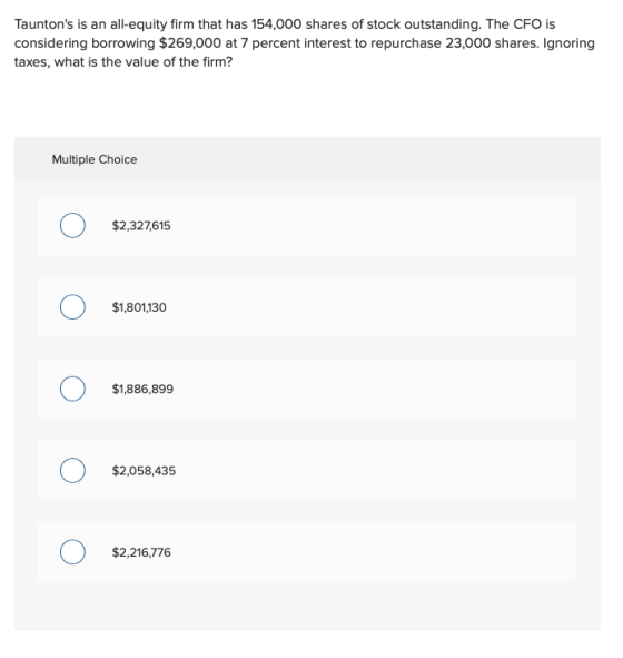 Tauntons is an all-equity firm that has 154,000 shares of stock outstanding. The CFO is considering borrowing $269,000 at 7