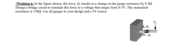 Problem 6: In the figure shown, the force, Q, results in a change on the gauge resistance by 0.50 Design a bridge circuit to