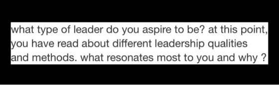 what type of leader do you aspire to be? at this point, you have read about different leadership qualities and methods. what