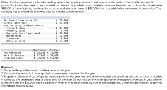 Gitano Products operates a job-order costing system and applies overhead cost to jobs on the basis of direct materials used i