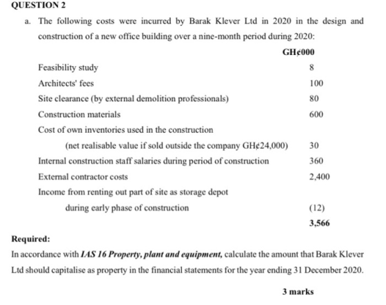 8 600 QUESTION 2 a. The following costs were incurred by Barak Klever Ltd in 2020 in the design and construction of a new off
