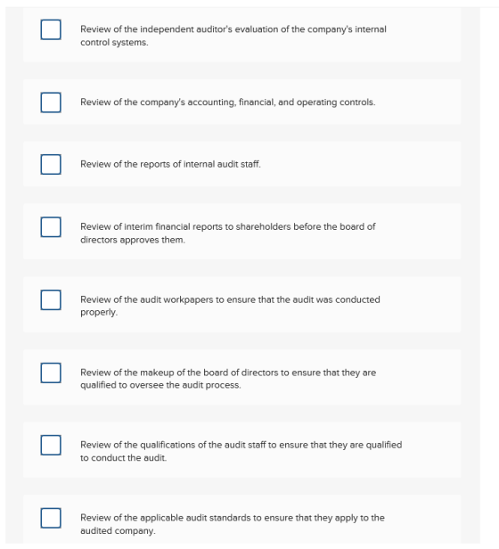 Review of the independent auditors evaluation of the companys internal control systems. Review of the companys accounting,
