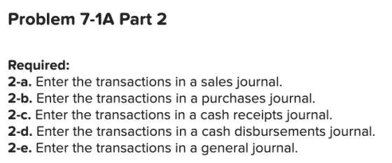 Problem 7-1A Part 2 Required: 2-a. Enter the transactions in a sales journal. 2-b. Enter the transactions in a purchases jour