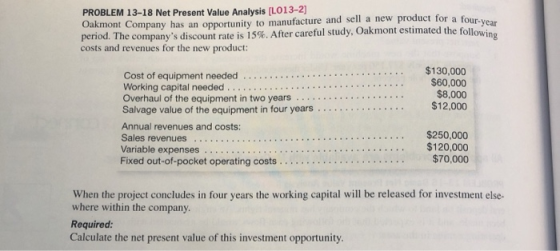 PROBLEM 13-18 Net Present Value Analysis [LO13-2] Oakmont Company has an opportunity to manufacture and sell a new product fo