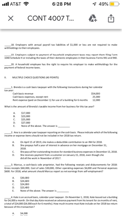 ...1 AT&T X 6:28 PM CONT 4007 ... 249% û nor ued to make 18 Employers with annual payroll tax liabilities of $1.000 or less w
