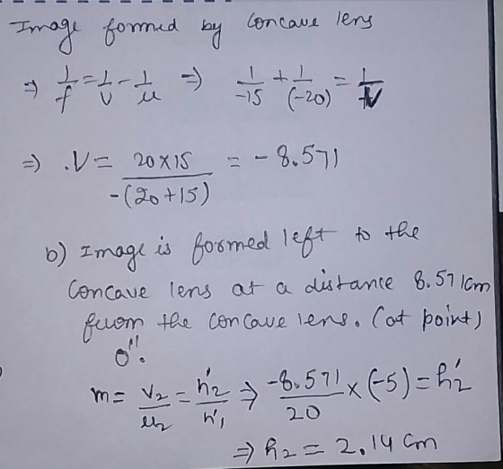 LOncavr lens Taformed TTT -15 (-20) = - 8.571 20X1S -(20t15) b) Zmage is osmedl 16 Cencave lens at a distamte 8.51 lGm feuom