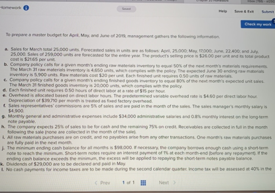 Inbox (788) - st250 Homework Saved Help Save & Exit Submit Check my work To prepare a master budget for April, May, and June