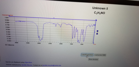 Unknown 5 C3H5NO TRANSMITTANCE 1.001 - 0.900- 0800- 0.700- 0.600- 0.500- 0.400- 0.300- 0 200- 0.100- 0 000 2000 1500 2500 100