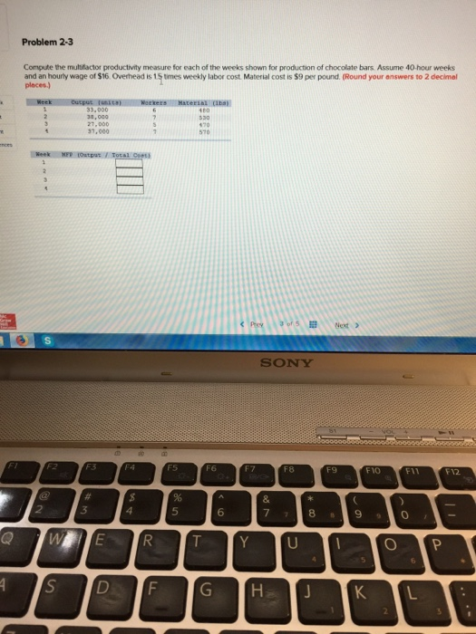 Problem 2-3 Compute the mutifactor productivity measure for each of the weeks shown for production of chocolate bars. Assune