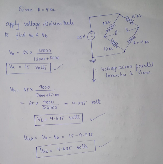 Giv en R Voltage divsin to tind Va & Vb a b 0 2s v 18000 12000+8000 , Volkag(acr6% parallel branches Same 7000 tI50 o0 Qrx 9000-9.375 volt 4000Vol Vb = 9.375 volt a lo vo lt