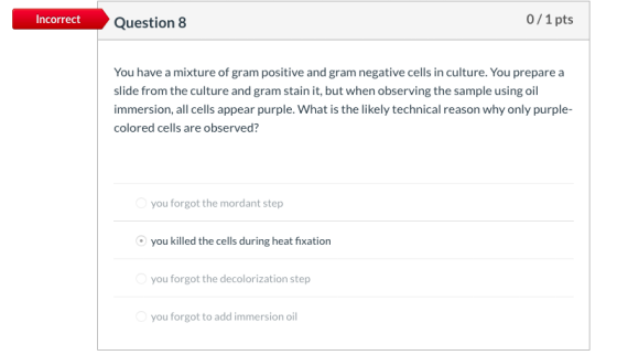 0/1 pts Incorrect Question 8 You have a mixture of gram positive and gram negative cells in culture. You prepare a slide from