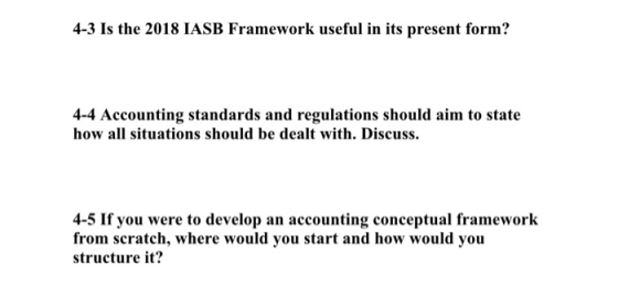 4-3 Is the 2018 IASB Framework useful in its present form? 4-4 Accounting standards and regulations should aim to state how a