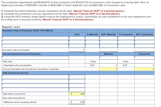The production department had $1,434,675 of direct materials and $1,002,573 of conversion costs charged to it during April. A