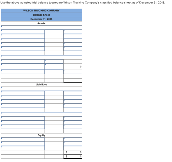 Use the above adjusted trial balance to prepare Wilson Trucking Companys classified balance sheet as of December 31, 2018. W