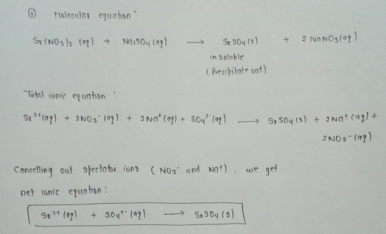 Molecular equation ST (NOs 12 (21 + 2 NONO3(02) Sr SOy (s) + in soluble (Precipitate out) Total ionir equghon St 21 (a)2NO3