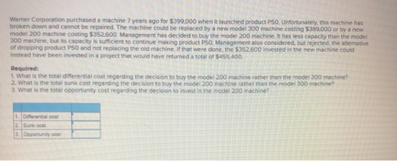 Warner Corporation purchased a machine 7 years ago for $399,000 when it launched product P50. Unfortunately, this machine has