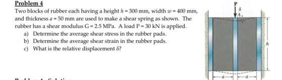 Problem 4 Two blocks of rubber each having a height h=300 mm, width w = 400 mm, and thickness a = 50 mm are used to make a sh