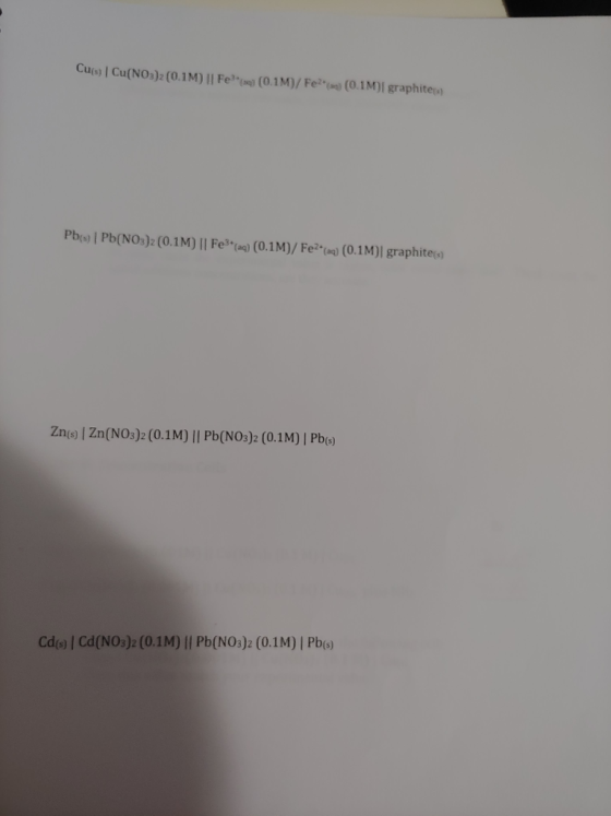 Cu() Cu(NO3)2(0.1M) Il Fe (0.1M/Fe? (0.1M graphite Pb(s) Pb(NO3)2(0.1M) Il Fe3(aq) (0.1M)/ Fe2(aq) (0.1MI graphite(s) Zns | Z
