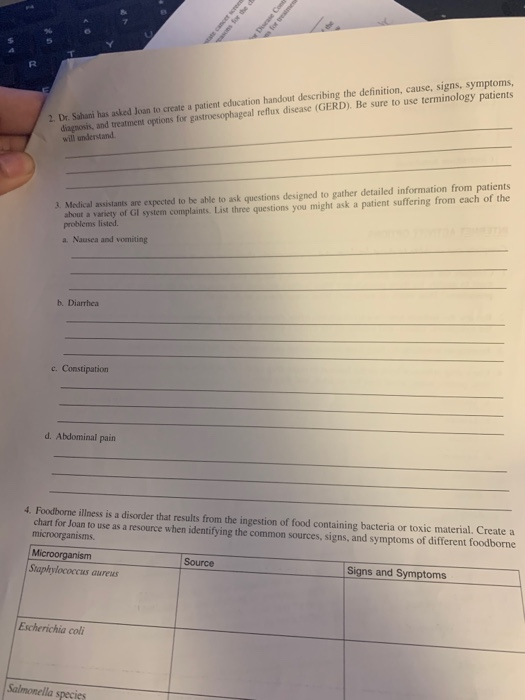 2. Dr. Sahani has asked Joan to create a patient education handout describing the definition, cause, signs, symptoms, diagnos