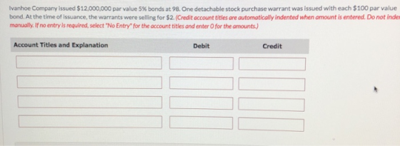 Ivanhoe Company issued $12,000,000 par value 5% bonds at 98. One detachable stock purchase warrant was issued with each $100