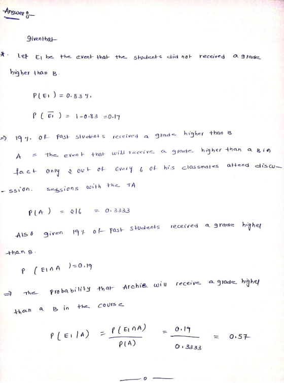 Answer 8- *. let El be the event thal- the students did not received a grade big her han B PE0. 83 o fastslvdeni s received a 9rad higher +han s s receives a higher than s A = The-event +hat wili eceive a grade higher than a B only 2 ov Evy6t his classmates aHend dis cu snssions ite TA AIs 9iven 1oPas StWdents received a 9rade highe -than B highe Probabiiiy that Archie. wiu receiv a thon a eCours PIA)