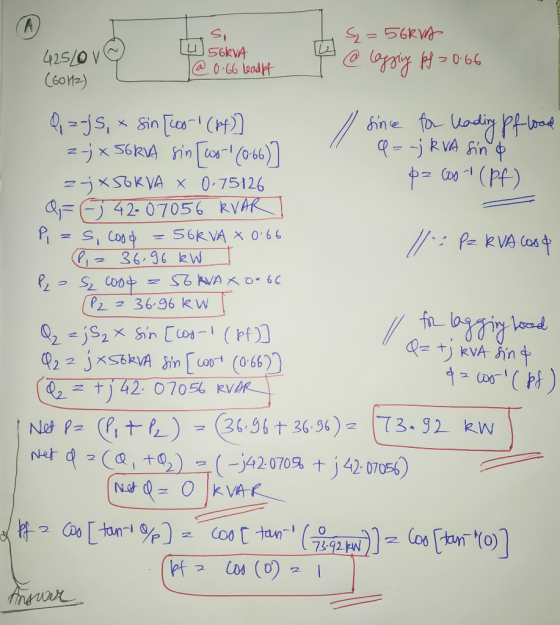 256 KVA Xox 66 A si S2 = 56RVA 4 56kVA 425LOV @ 0.66 leadpf @ logging pf = 0.66 (60H2) Q =-js, * sin [oo-1 (44)] / since for