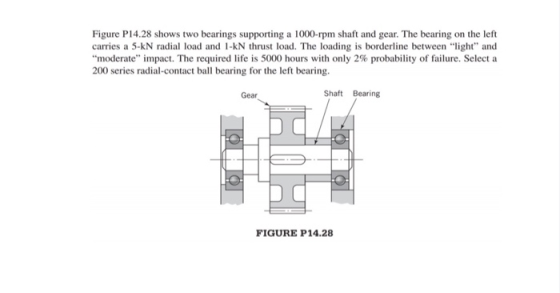 Figure P14.28 shows two bearings supporting a 1000-rpm shaft and gear. The bearing on the left carries a 5-kN radial load and