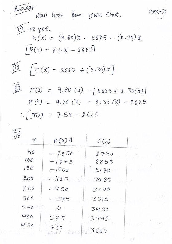 Answers pgno- Now here from given that, @ ③ we get, R(60) = 9.80) x - 2625 - (2.30) X R() = 7.5x – 2625] @ [C(O) = 2625 +(2.3