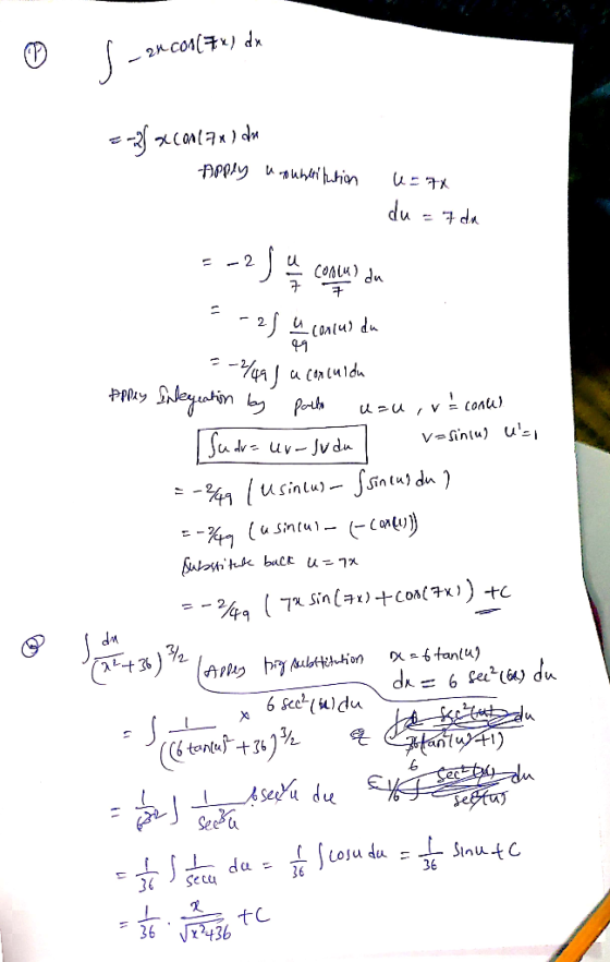 S - 24 cos(71) dx = -28 x COM 7x) du PPOly и him UEFX du = 7 du coolul du .-22 a -28 u - conlul du 49 -qя ) и см (41d. Appl