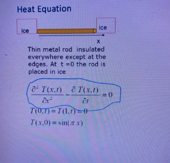 Heat Equation ice ice Thin metal rod insulated everywhere except at the edges. At t =0 the rod is placed in ice (OT(X.) T(x:1