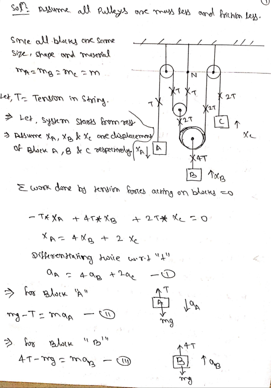 sol? Assume all Pulleys are mass less and fichon less. . 2 // , / since all blocks are same size, shape and misernical MA=mba