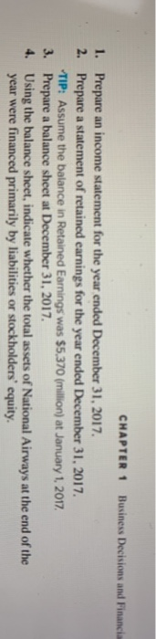 CHAPTER 1 Business Decisions and Financia 1. Prepare an income statement for the year ended December 31, 2017 2. Prepare a st