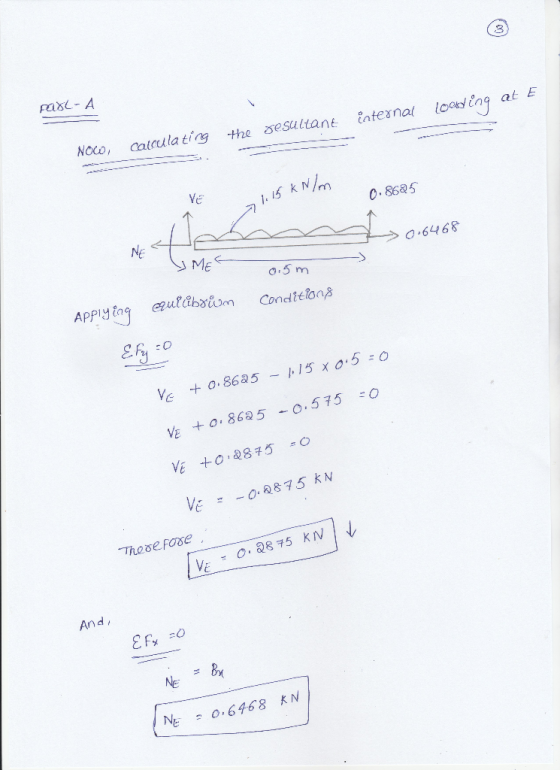 FasL-A Noco, catcula ting the sesultant intesnal lood ing at E Ve 0 86a5 → 0.6468 0.3 m : 0 VE . 86350.575 O V2875 kN An d NE
