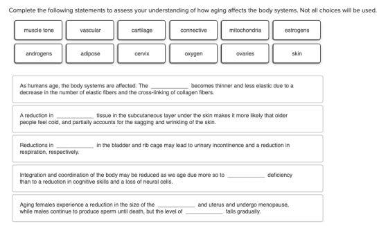 Complete the following statements to assess your understanding of how aging affects the body systems. Not all choices will be