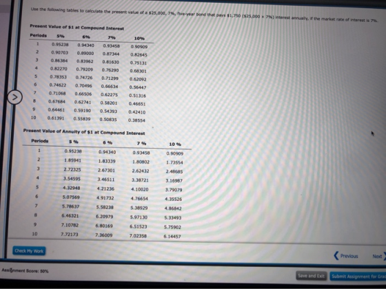 Use the following tables to calculate the present value of a $25,000,7%, five-year bond that pays $1,750 ($25,000 x 7) intere
