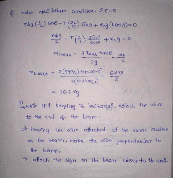 3) under equilibrium condition, &T=0 mby () WsO-T (34) sono + mg (1.059)=0 mkyT (3) Sho+ms 9 = 0 ms.max - 2 Tmax tomo ab 39 m