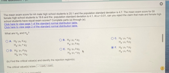 The mean exam score for 44 male high school students is 20.1 and the population standard deviation is 4.7. The mean exam scor