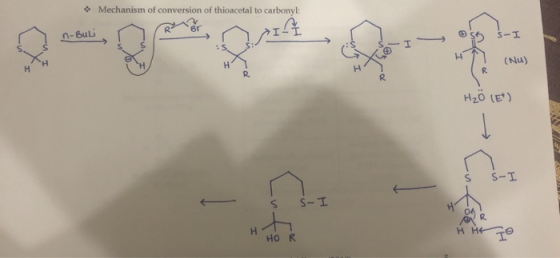 • Mechanism of conversion of thioacetal to carbonyl: Rer - Buli sg s-I : $ $ - - I HIT (NU) H2 H₂O (E) SS - I S- I PR H Heo H
