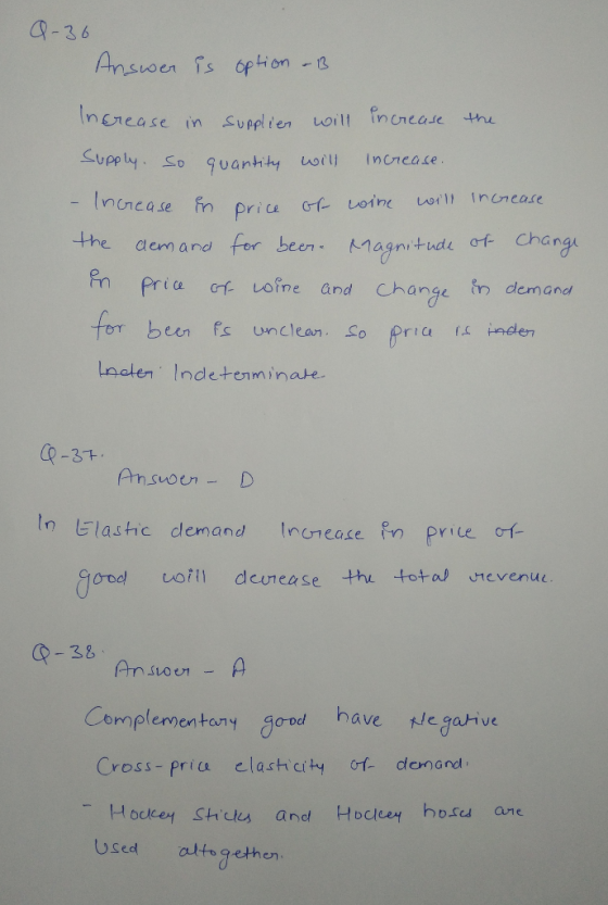 Q-36 Answer fs option -3 Increase in SUpplien uoilt ncrease the SUpply So 9uanhity wili Increase Inncase fn Increase will GH